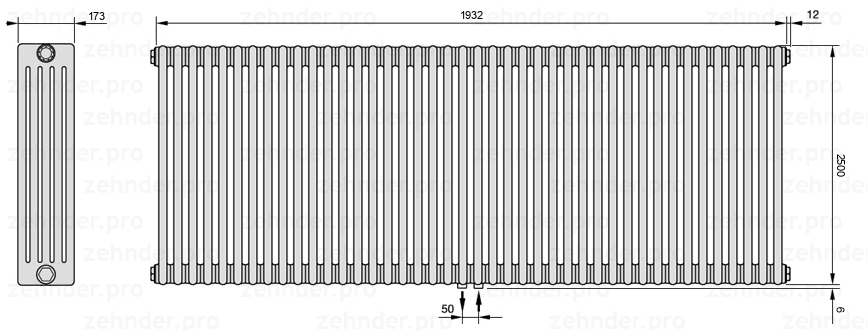 Схема (чертеж) Радиатор Zehnder Charleston 5250/42 №5410 Белый глянцевый RAL 9016